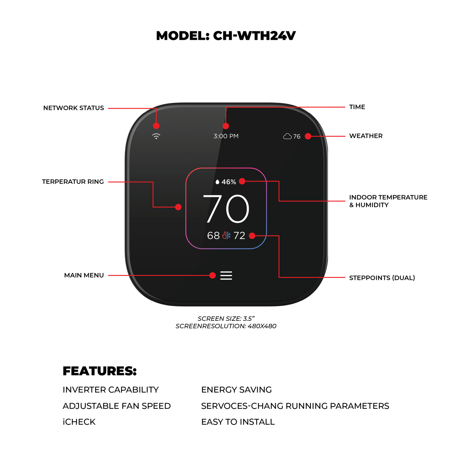 Cooper&Hunter CH-WTH24V — 24V Wall Thermostat