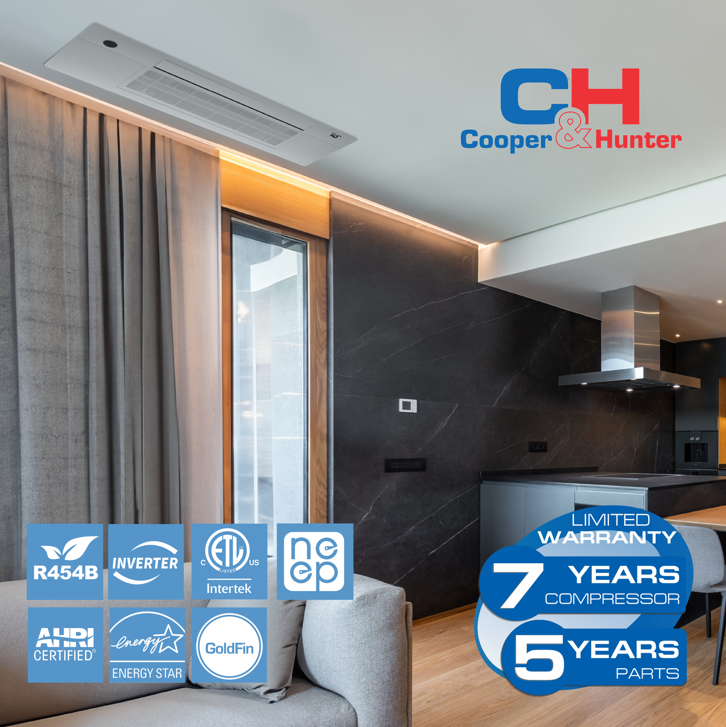 Cooper&Hunter 6-Zone Ductless Mini Split AC & Heat Pump 48000 BTU (6K+6K+9K+9K+9K+12K), One-Way Ceiling Cassettes Units, 230V