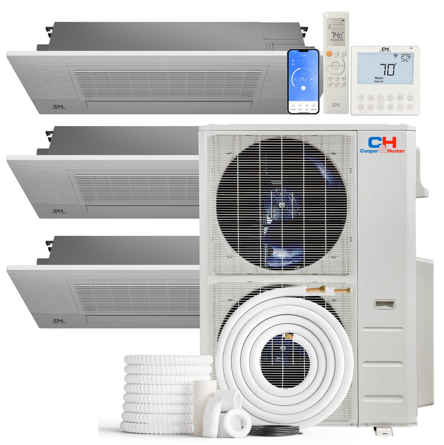 Cooper&Hunter 3-Zone Ductless Mini Split AC & Heat Pump 48000 BTU (18K+18K+18K), One-Way Ceiling Cassettes Units, 230V