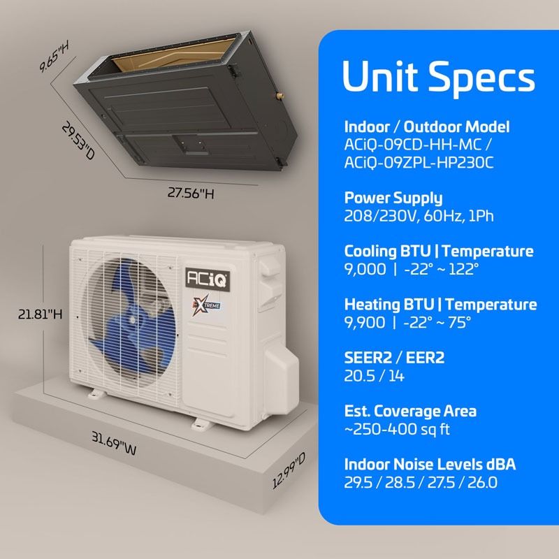 ACIQ 9,000 BTU 20.5 SEER2 ACIQ Single Zone Concealed Duct Mini Split System | Extreme Series - R454B | 230V