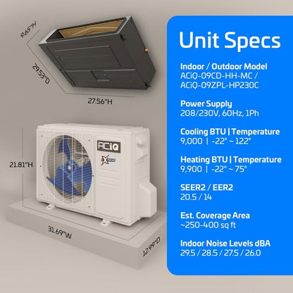 ACIQ 9,000 BTU 20.5 SEER2 ACIQ Single Zone Concealed Duct Mini Split System | Extreme Series - R454B | 230V