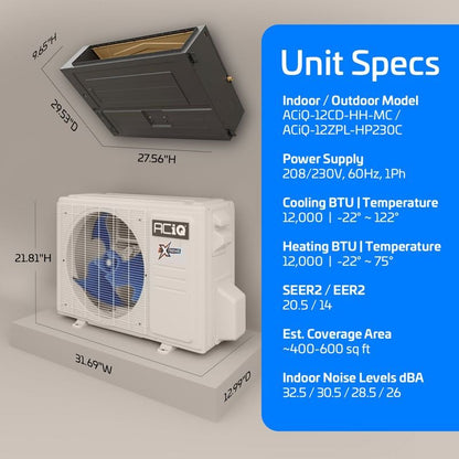 ACIQ 12,000 BTU 20 SEER2 ACIQ Single Zone Concealed Duct Mini Split System | Extreme Series - R454B |230V