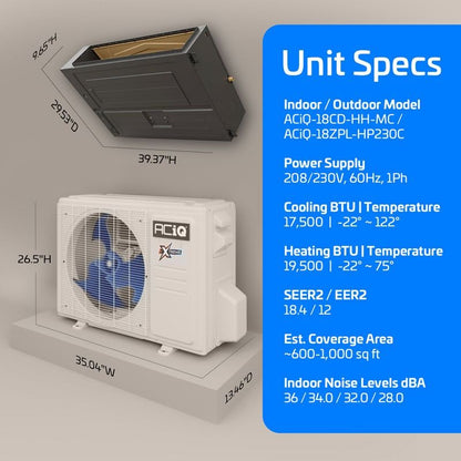 ACIQ 18,000 BTU 18.4 SEER2 ACIQ Single Zone Concealed Duct Mini Split System | Extreme Series - R454B | 230V