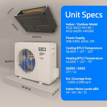 ACIQ 36,000 BTU 17.7 SEER2 ACIQ Single Zone Concealed Duct Mini Split System | Extreme Series - R454B | 230V