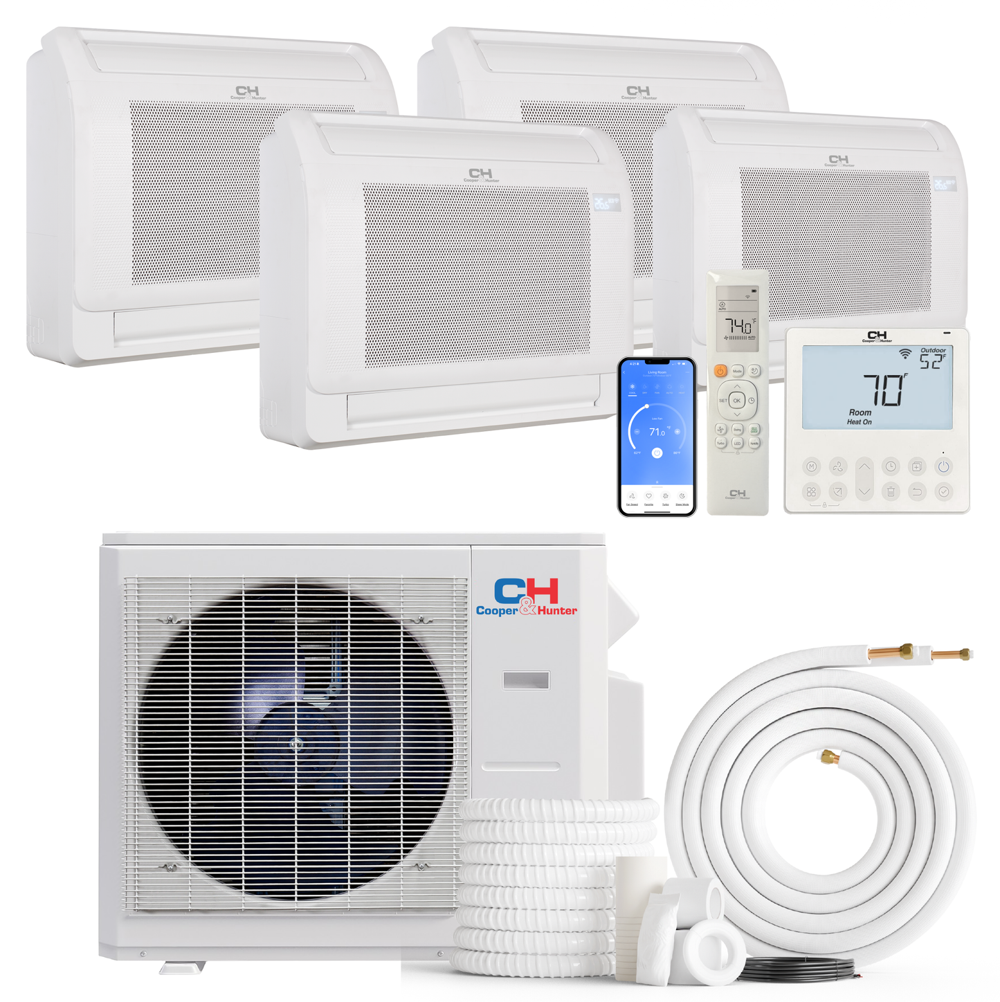 Cooper&Hunter 4-Zone Ductless Mini Split AC & Heat Pump 36000 BTU (12K+12K+12K+12K), Floor Console Units, 230V