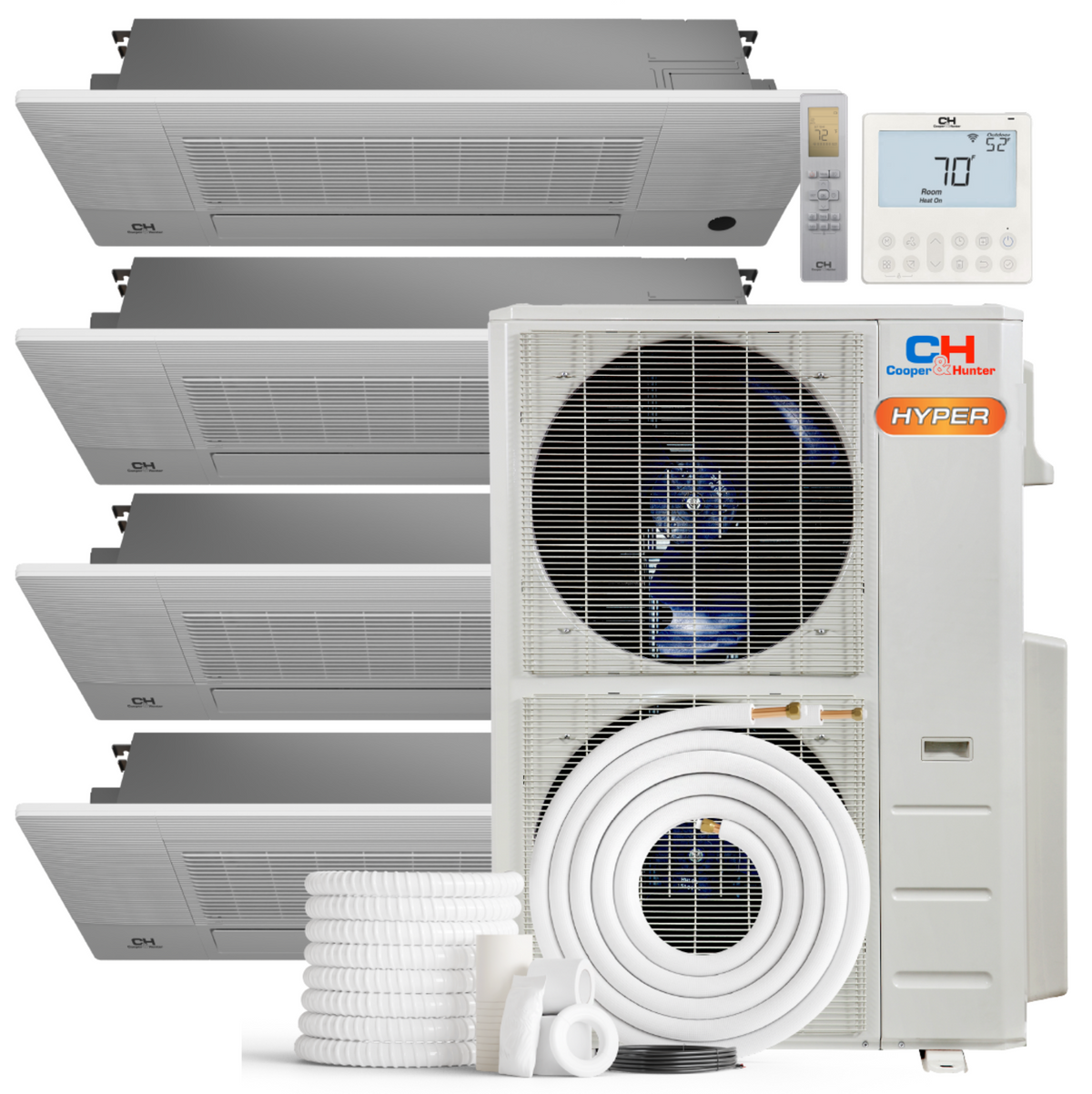 Cooper&Hunter Hyper 4-Zone Ductless Mini Split AC & Heat Pump 55000 BTU (6K+18K+18K+18K), One-Way Cassette Units, 230V - R410A