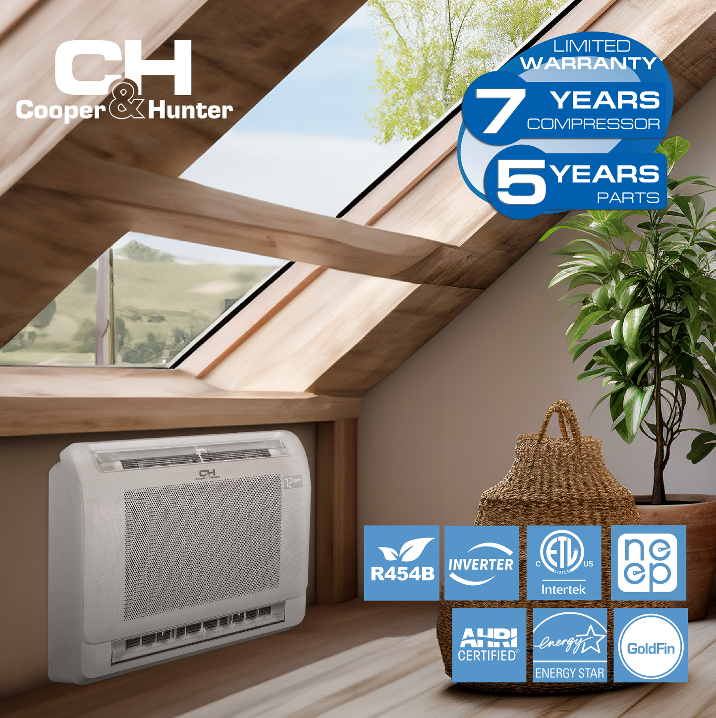 Cooper&Hunter Hyper 3-Zone Ductless Mini Split AC & Heat Pump 28000 BTU (12K+18K+18K), Floor Console Units, 230V