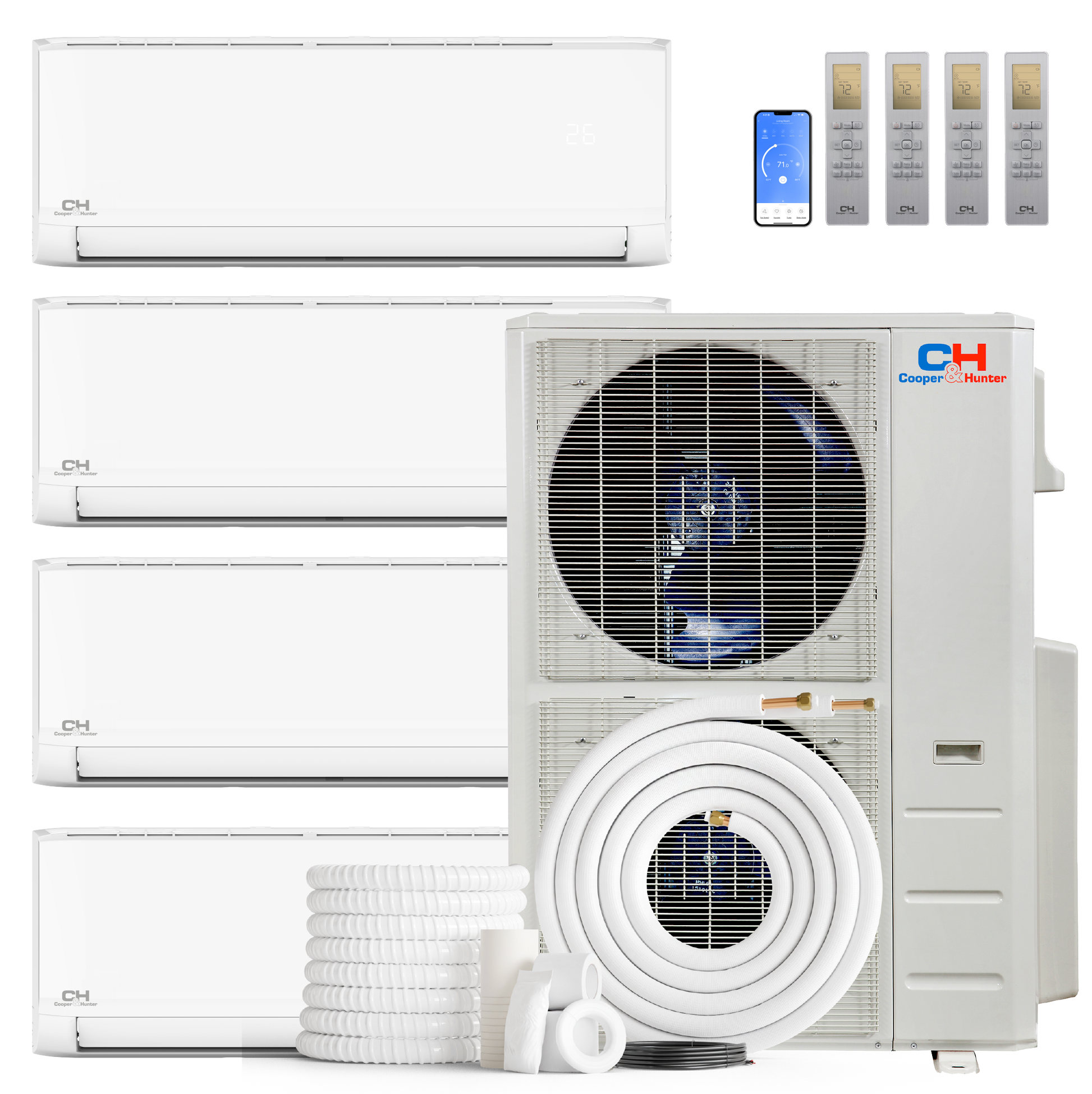 Cooper&Hunter Olivia 4-Zone Ductless Mini Split AC & Heat Pump 48000 BTU (9K+9K+12K+24K), Wall Mount Units, 230V