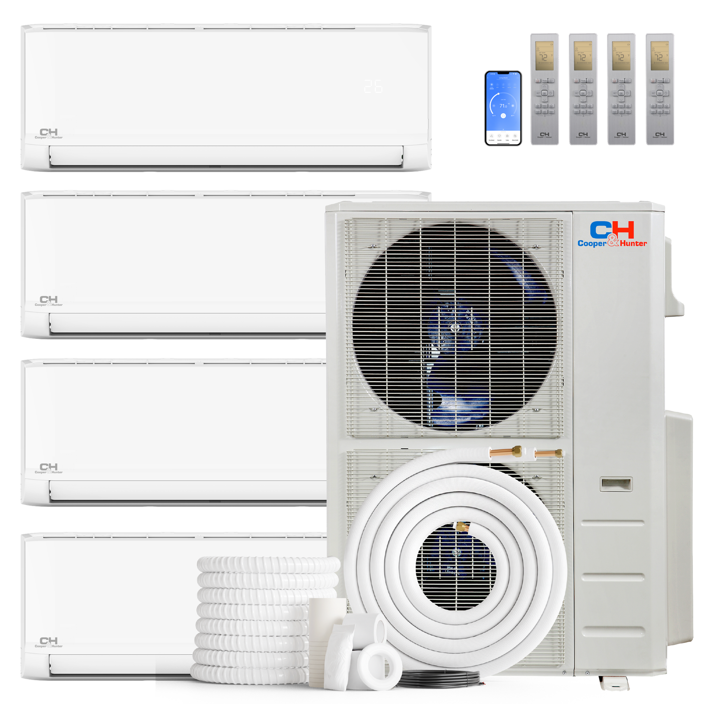 Cooper&Hunter Olivia 4-Zone Ductless Mini Split AC & Heat Pump 60000 BTU (9K+12K+18K+18K), Wall Mount Units, 230V
