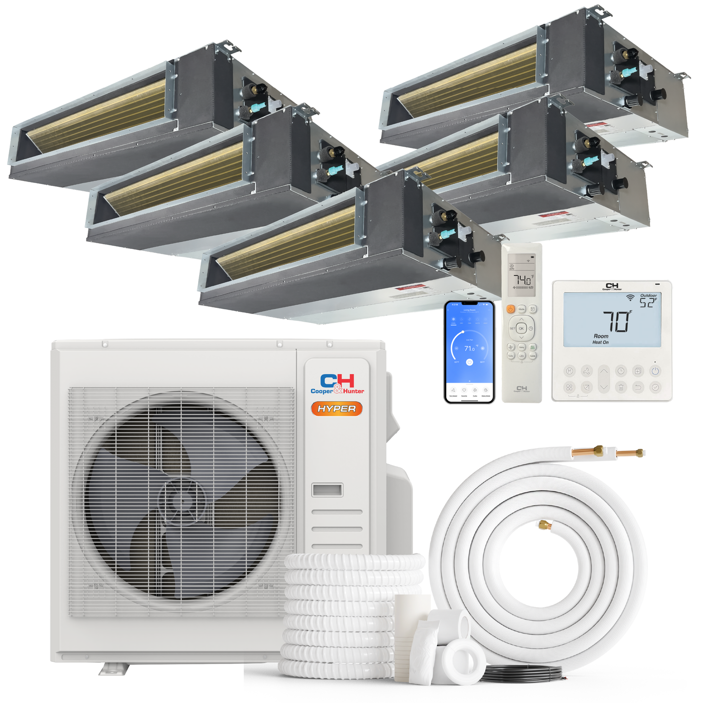 Cooper&Hunter Hyper 5-Zone Ducted Mini Split AC & Heat Pump 36000 BTU (6K+6K+6K+9K+18K), Slim Duct Units, 230V
