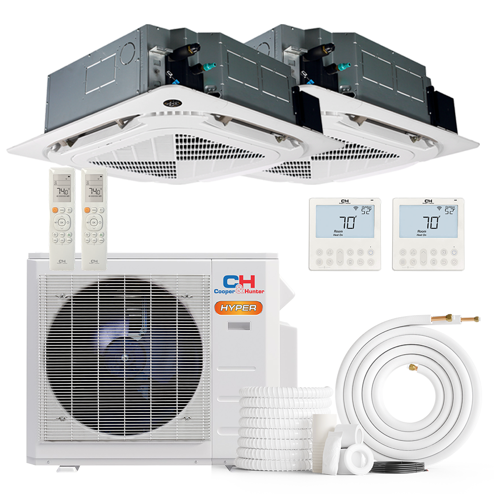 Cooper&Hunter Hyper 2-Zone Ductless Mini Split AC & Heat Pump 28000 BTU (9K+18K), Ceiling Cassettes Units, 230V