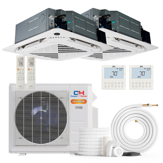 Cooper&Hunter Hyper 2-Zone Ductless Mini Split AC & Heat Pump 19000 BTU (12K+18K), Ceiling Cassettes Units, 230V