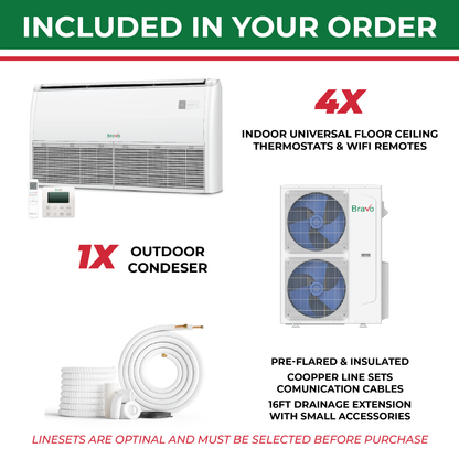 Bravo 4-Zone Ductless Mini Split AC & Heat Pump 42000 BTU (9K+12K+18K+18K), Universal Floor Ceiling Units, 230V