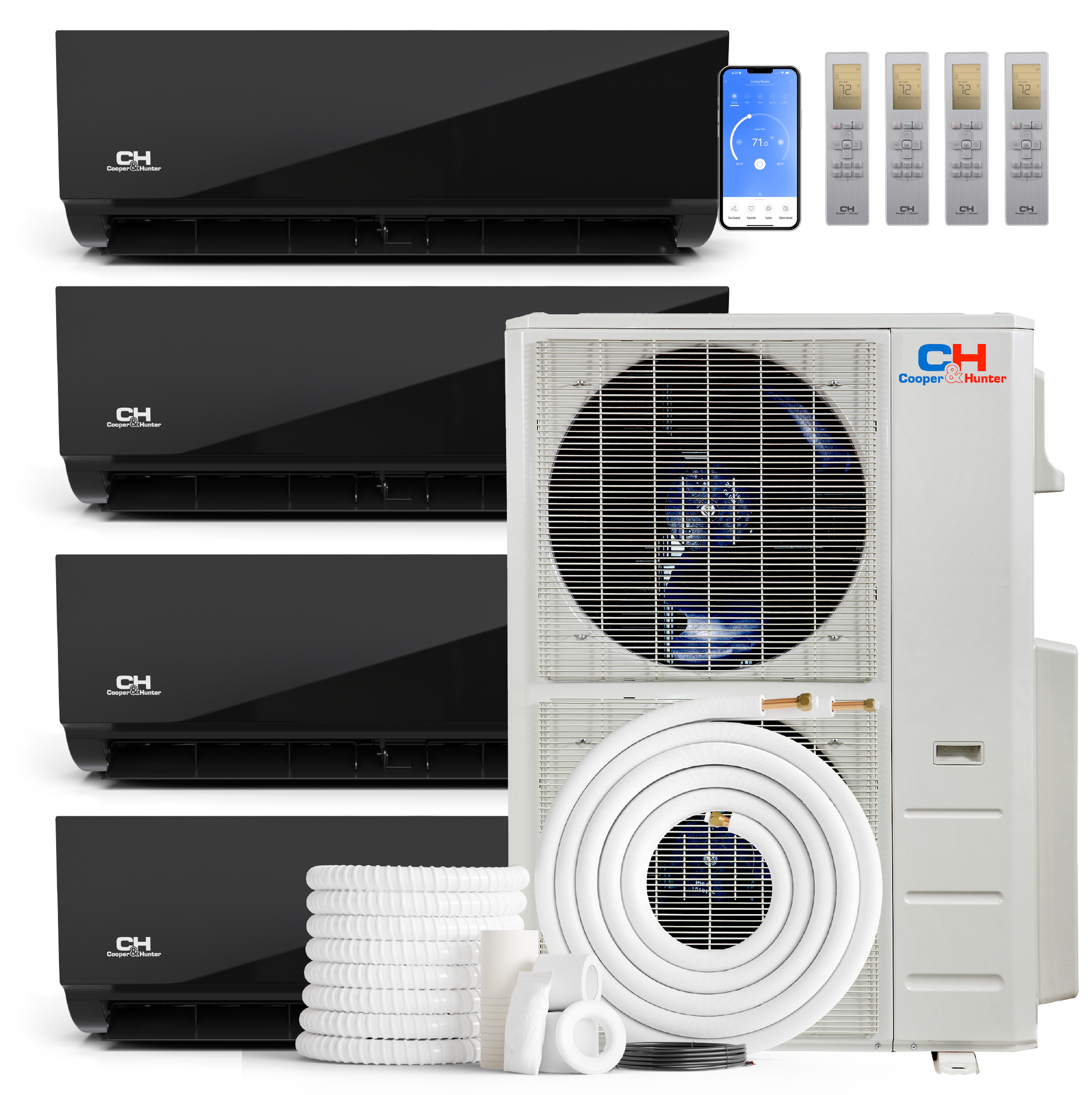 Cooper&Hunter Olivia Midnight 4-Zone Ductless Mini Split AC & Heat Pump 60000 BTU (9K+9K+12K+12K), Wall Mount Units, 230V
