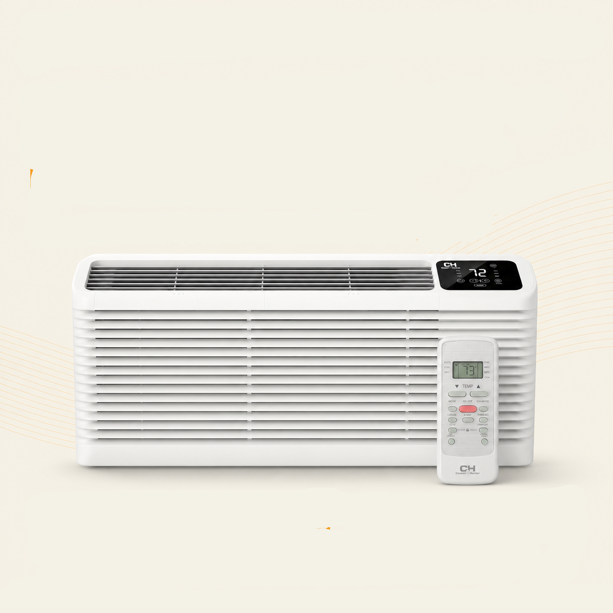 C&H PTAC Inverter Heat Pump Air Conditioner in white, shown with its remote control against a light beige background with promotional text and certification badges.