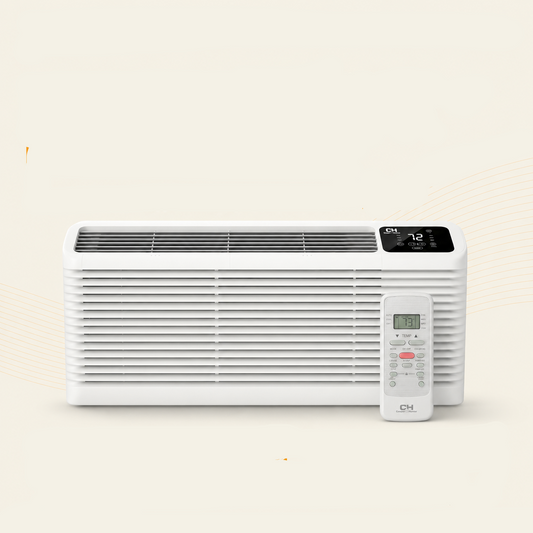 C&H PTAC Inverter Heat Pump Air Conditioner in white, shown with its remote control against a light beige background with promotional text and certification badges.