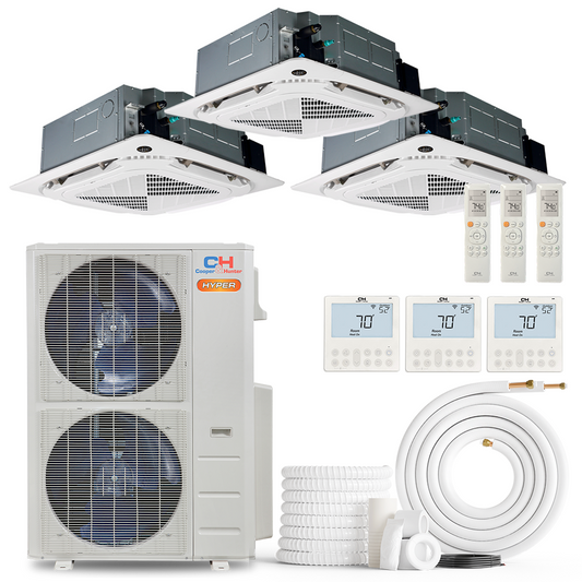 Cooper&Hunter Hyper 3-Zone Ductless Mini Split AC & Heat Pump 48000 BTU (12K+12K+24K), Ceiling Cassettes Units, 230V