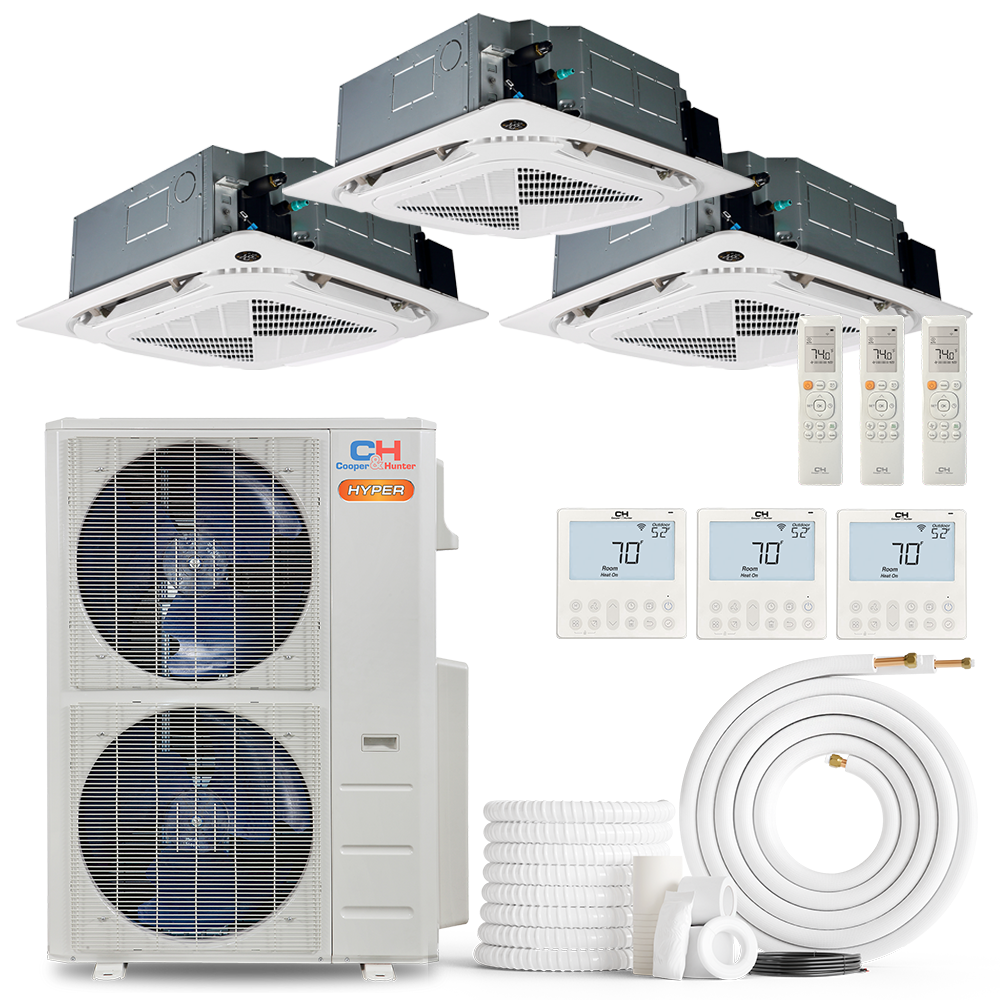 Cooper&Hunter Hyper 3-Zone Ductless Mini Split AC & Heat Pump 55000 BTU (12K+12K+24K), Ceiling Cassettes Units, 230V