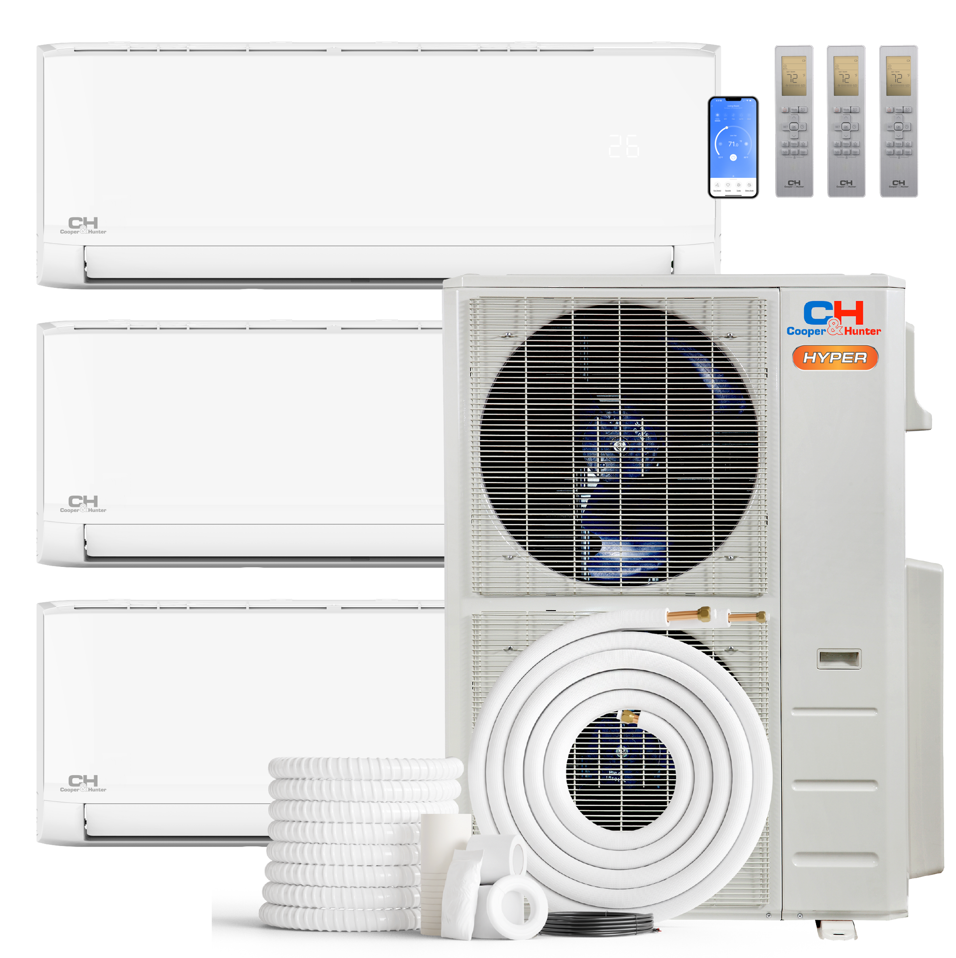 Cooper&Hunter Hyper Olivia 3-Zone Ductless Mini Split AC & Heat Pump 55000 BTU (12K+18K+36K), Wall Mount Units, 230V