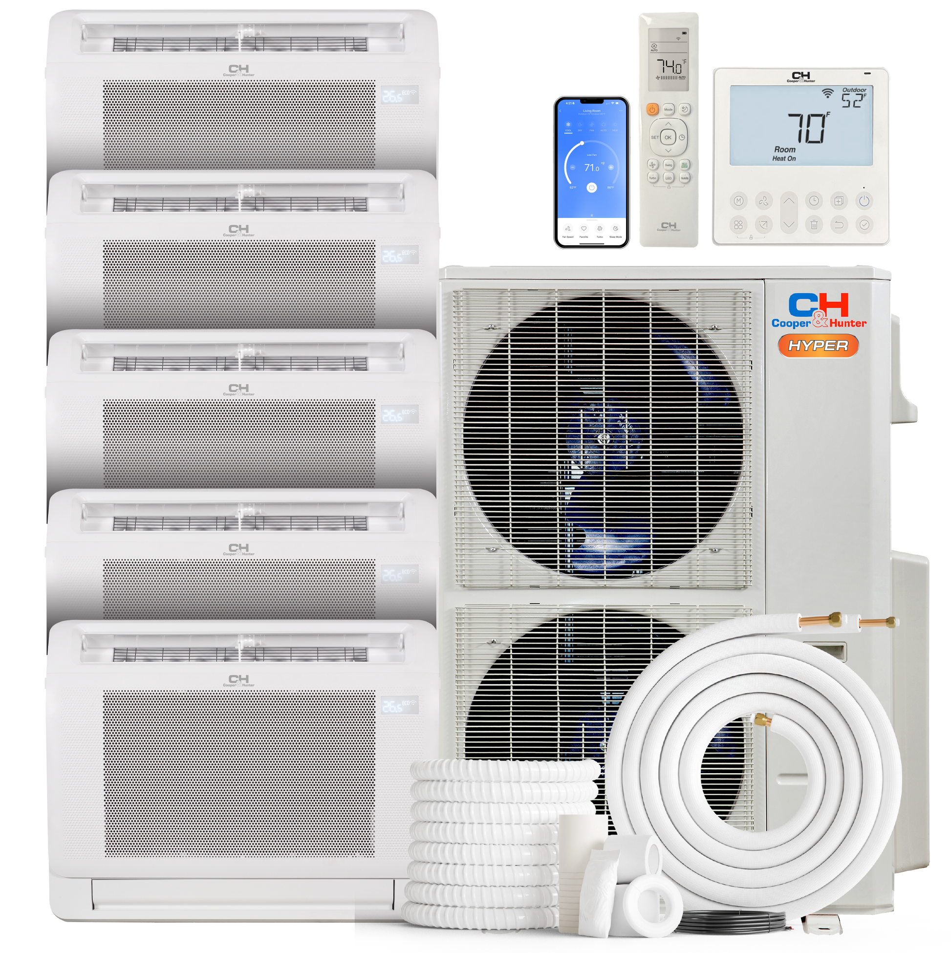 Cooper&Hunter Hyper 5-Zone Ductless Mini Split AC & Heat Pump 48000 BTU (9K+12K+12K+18K+18K), Floor Console Units, 230V