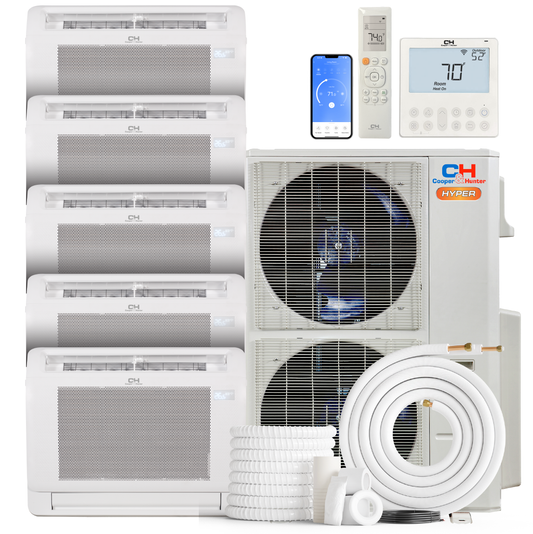 Cooper&Hunter Hyper 5-Zone Ductless Mini Split AC & Heat Pump 55000 BTU (9K+9K+9K+9K+18K), Floor Console Units, 230V