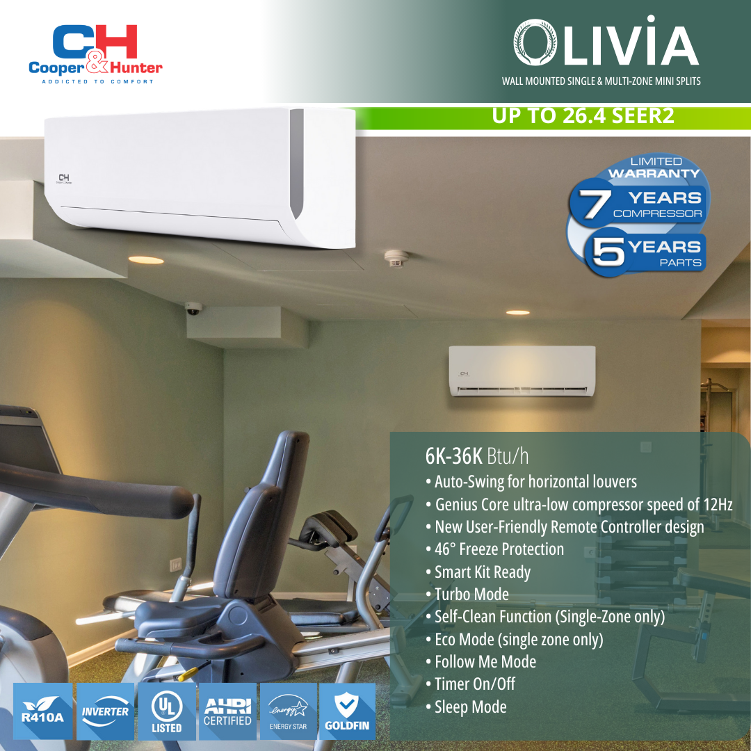 Cooper&Hunter 36,000 BTU Olivia Single Zone Wall Mount Minisplit Heat Pump System R410A 230V