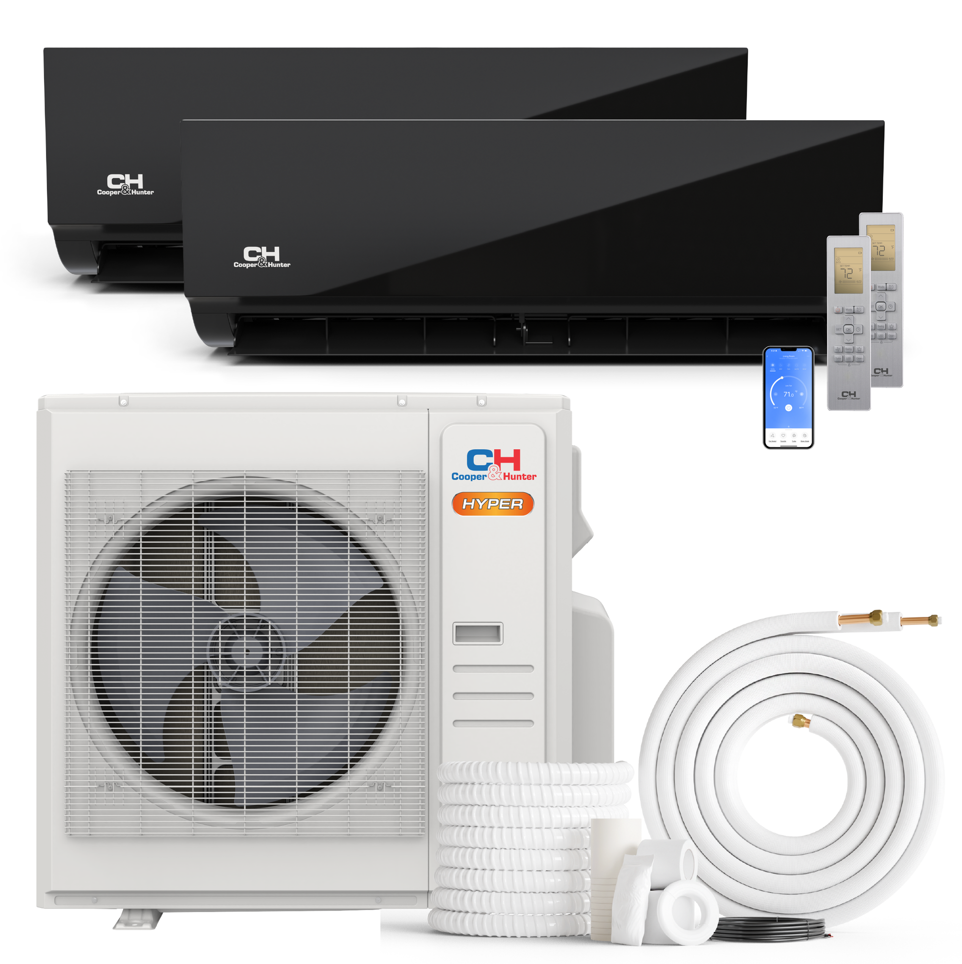 Cooper&Hunter Hyper Olivia Midnight 2-Zone Ductless Mini Split AC & Heat Pump 36000 BTU (12K+24K), Wall Mount Units, 230V