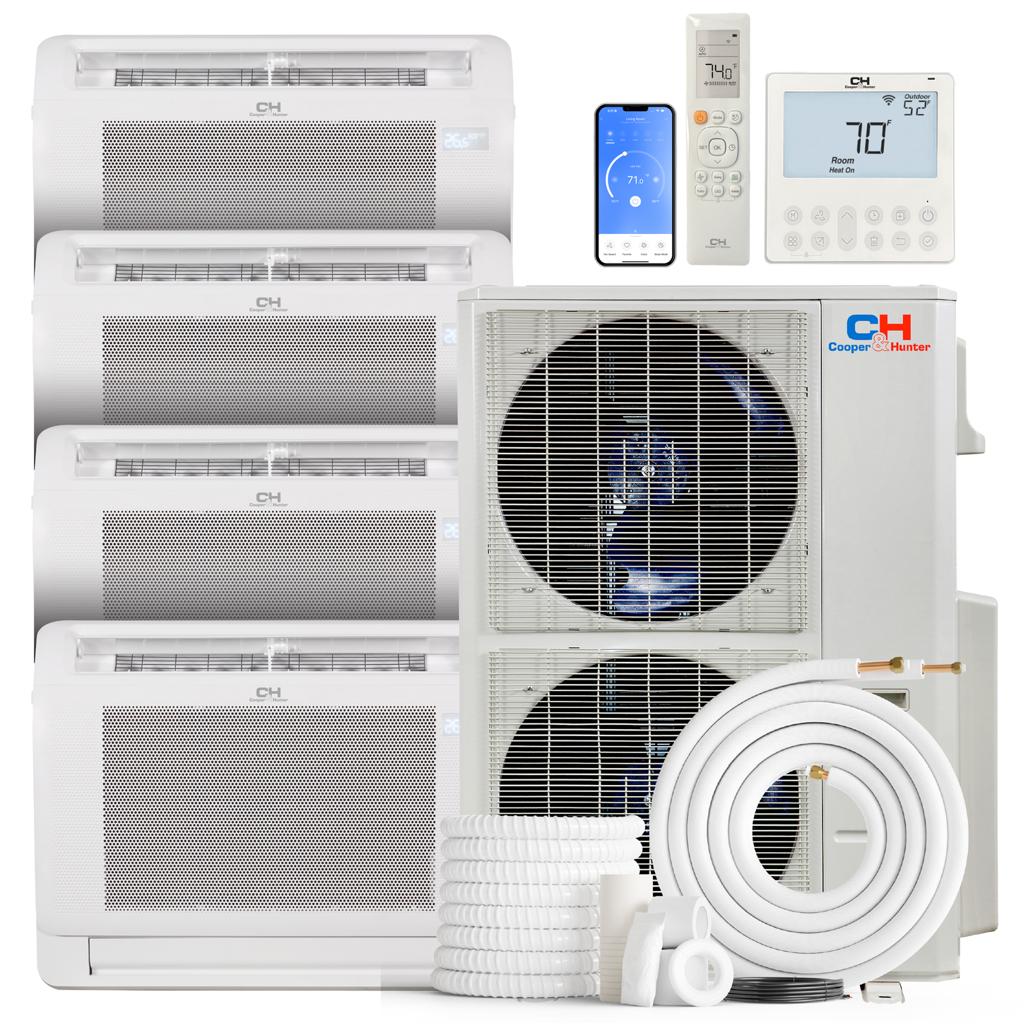 Cooper&Hunter 4-Zone Ductless Mini Split AC & Heat Pump 60000 BTU (12K+18K+18K+18K), Floor Console Units, 230V