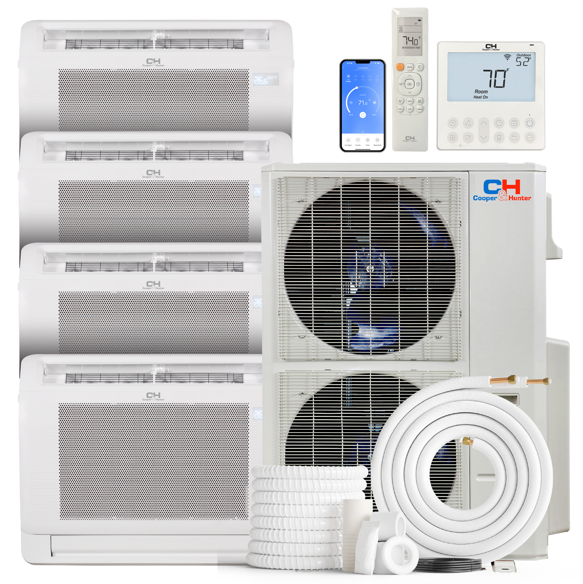 Cooper&Hunter 4-Zone Ductless Mini Split AC & Heat Pump 60000 BTU (12K+18K+18K+18K), Floor Console Units, 230V