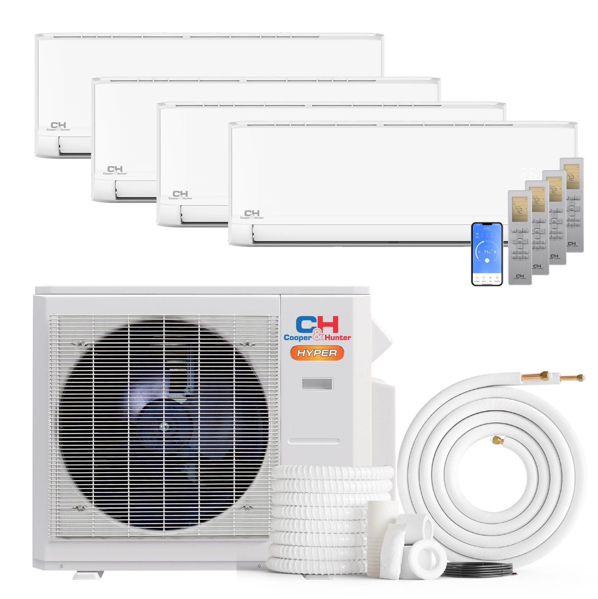 Cooper&Hunter Hyper Olivia 4-Zone Ductless Mini Split AC & Heat Pump 28000 BTU (6K+6K+9K+18K), Wall Mount Units, 230V