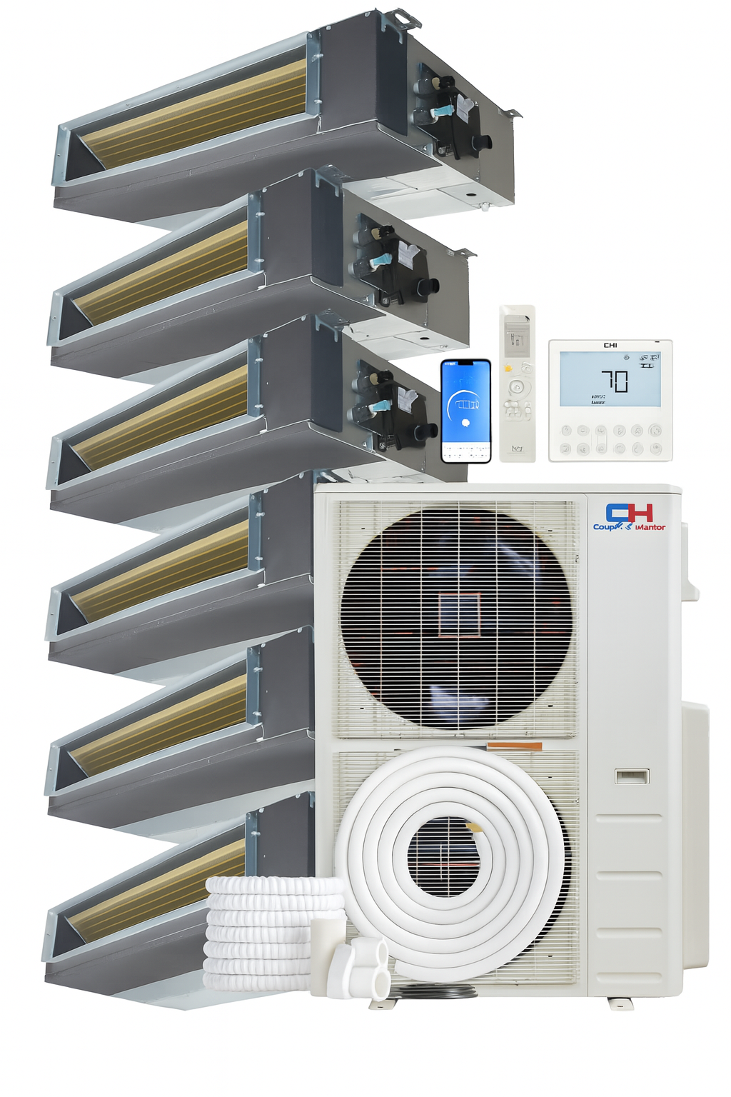 Cooper&Hunter 6-Zone Ducted Mini Split AC & Heat Pump 48000 BTU (6K+6K+6K+6K+6K+18K), Slim Duct Units, 230V