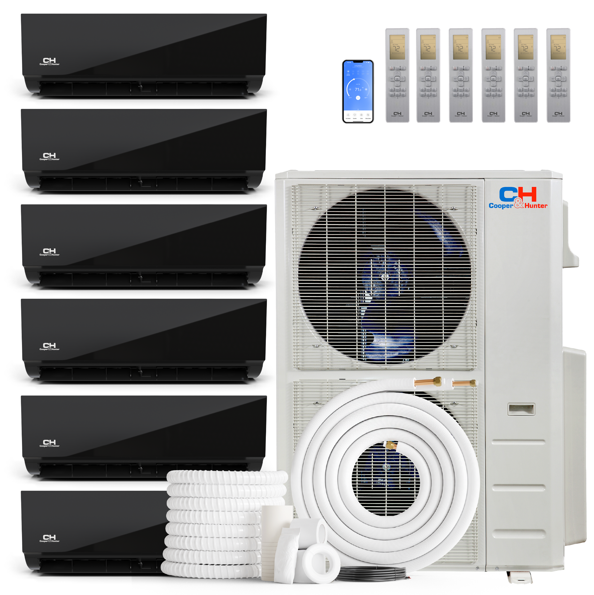 Cooper&Hunter Olivia Midnight 6-Zone Ductless Mini Split AC & Heat Pump 48000 BTU (9K+9K+9K+9K+9K+18K), Wall Mount Units, 230V