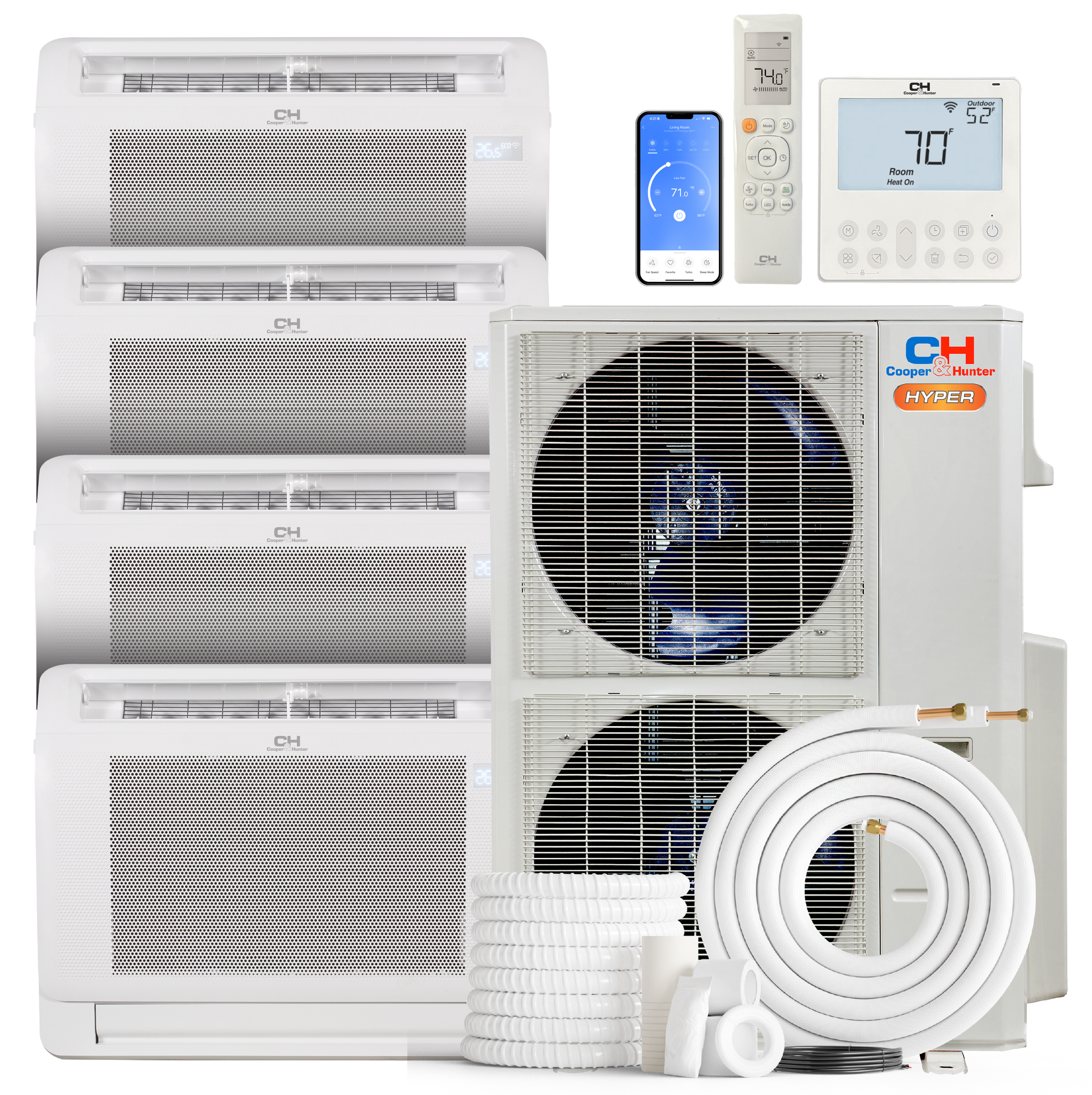 Cooper&Hunter Hyper 4-Zone Ductless Mini Split AC & Heat Pump 48000 BTU (9K+12K+18K+18K), Floor Console Units, 230V