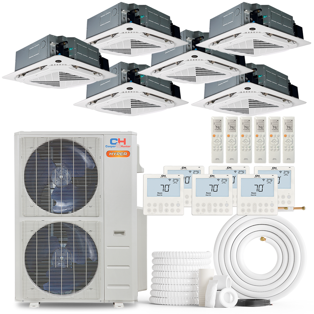 Cooper&Hunter Hyper 6-Zone Ductless Mini Split AC & Heat Pump 48000 BTU (9K+9K+9K+9K+9K+18K), Ceiling Cassettes Units, 230V