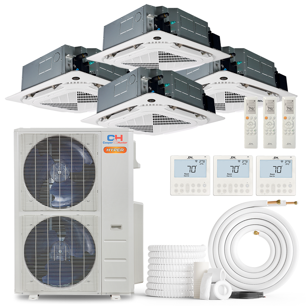 Cooper&Hunter Hyper 4-Zone Ductless Mini Split AC & Heat Pump 55000 BTU (12K+18K+18K+18K), Ceiling Cassettes Units, 230V