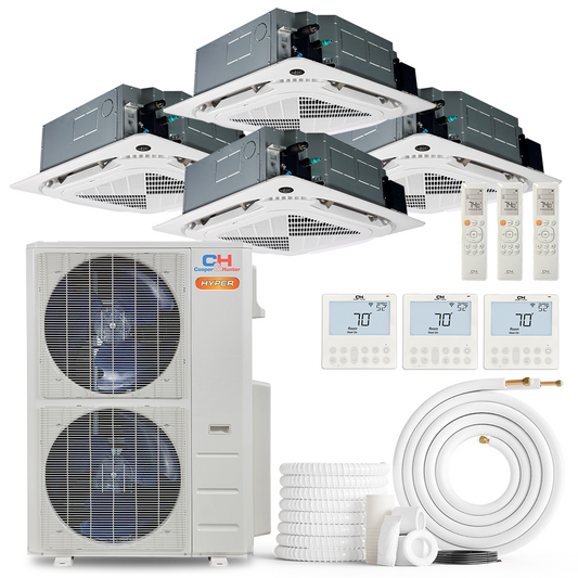 Cooper&Hunter Hyper 4-Zone Ductless Mini Split AC & Heat Pump 48000 BTU (9K+12K+18K+24K), Ceiling Cassettes Units, 230V