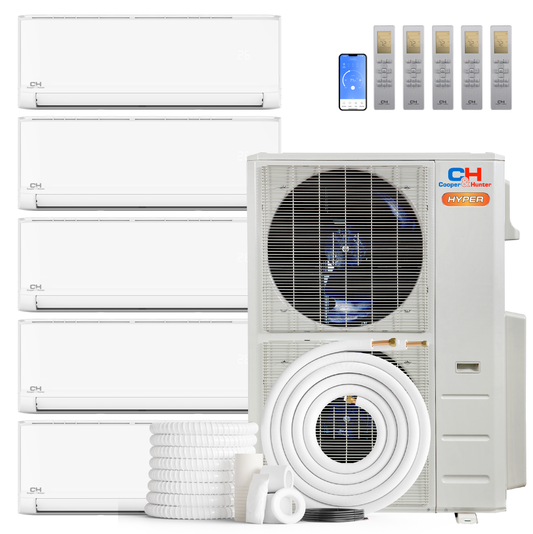 Cooper&Hunter Hyper Olivia 5-Zone Ductless Mini Split AC & Heat Pump 48000 BTU (6K+6K+6K+6K+12K), Wall Mount Units, 230V