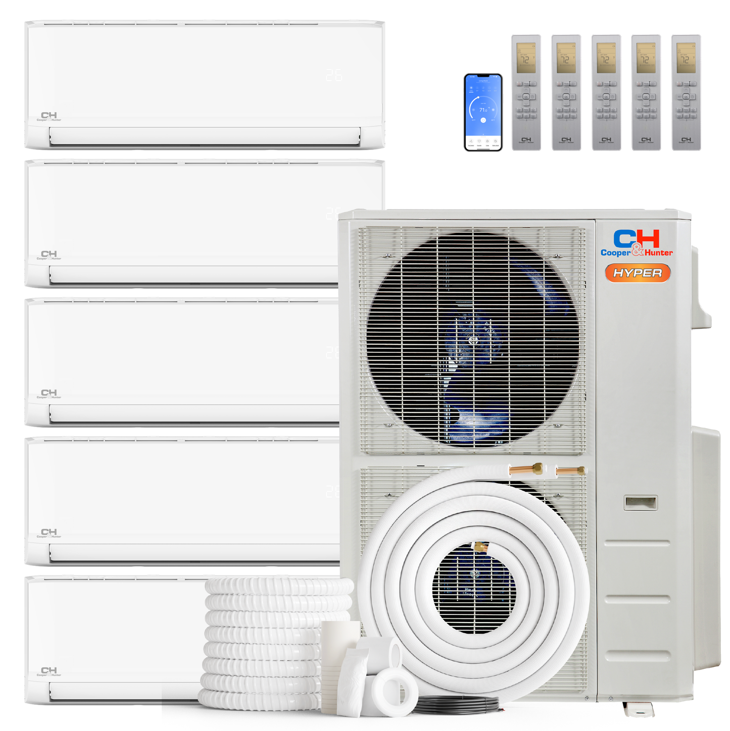Cooper&Hunter Hyper Olivia 5-Zone Ductless Mini Split AC & Heat Pump 48000 BTU (12K+12K+12K+18K+18K), Wall Mount Units, 230V