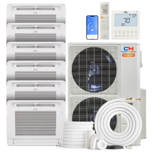 Cooper&Hunter Hyper 6-Zone Ductless Mini Split AC & Heat Pump 48000 BTU (9K+9K+9K+9K+12K+18K), Floor Console Units, 230V
