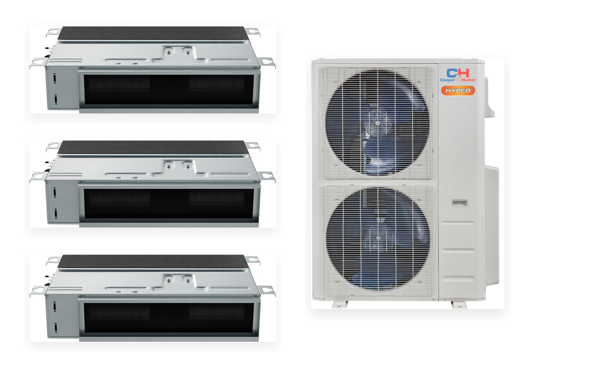 Cooper&Hunter Hyper 3-Zone Ducted Mini Split AC & Heat Pump 55000 BTU (9K+9K+24K), Slim Duct Units, 230V - R410A