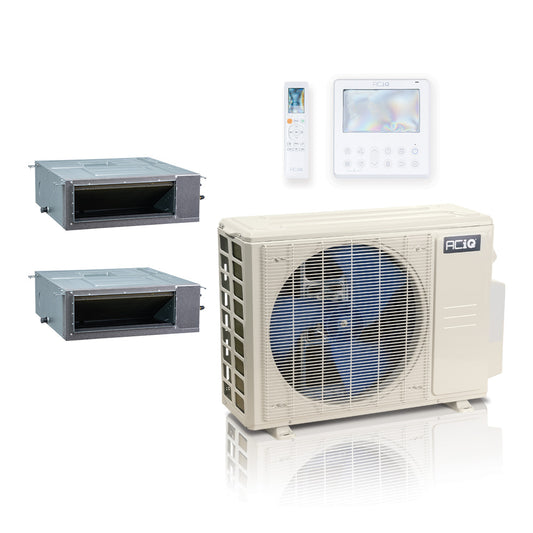 ACIQ 2-Zone Ducted Mini Split AC & Heat Pump 18000 BTU (9K+12K), Slim Duct Units, 230V