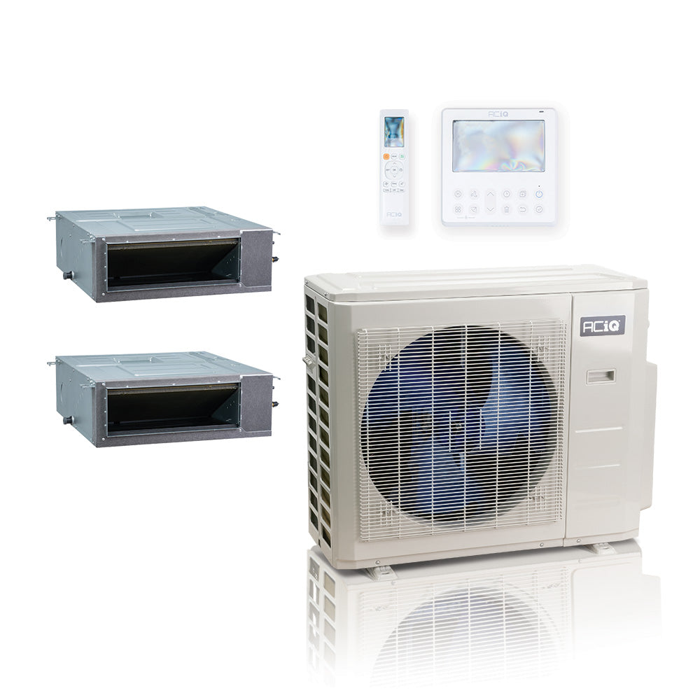 ACIQ 2-Zone Ducted Mini Split AC & Heat Pump 27000 BTU (9K+9K), Slim Duct Units, 230V