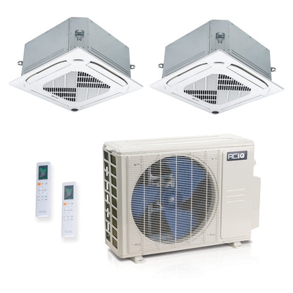 ACIQ 2-Zone Ductless Mini Split AC & Heat Pump 18000 BTU (9K+12K), Ceiling Cassettes Units, 230V
