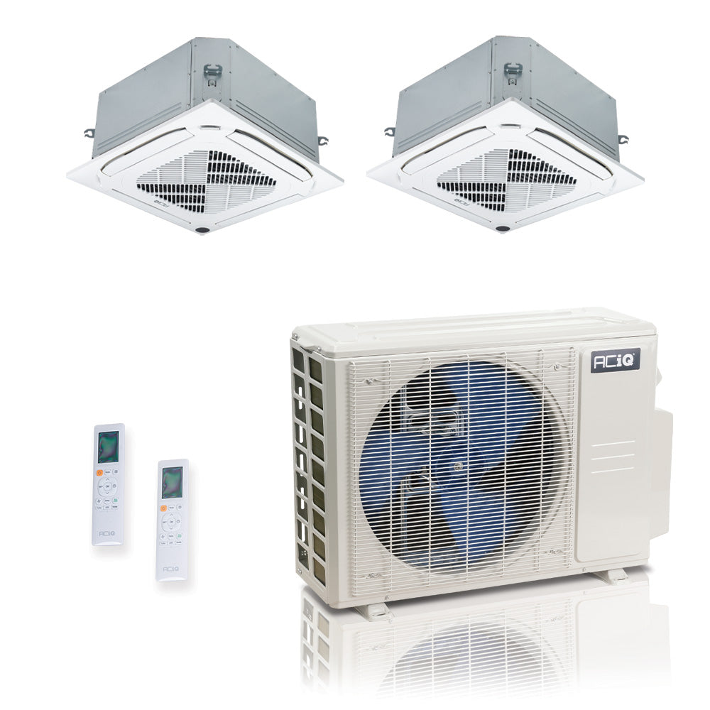 ACIQ 2-Zone Ductless Mini Split AC & Heat Pump 27000 BTU (9K+12K), Ceiling Cassettes Units, 230V