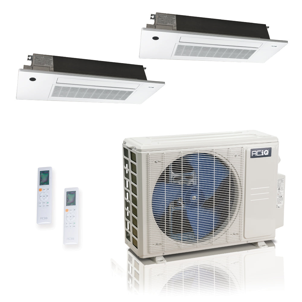 ACIQ 2-Zone Ductless Mini Split AC & Heat Pump 18000 BTU (9K+9K), One Way Ceiling Cassette Units, 230V
