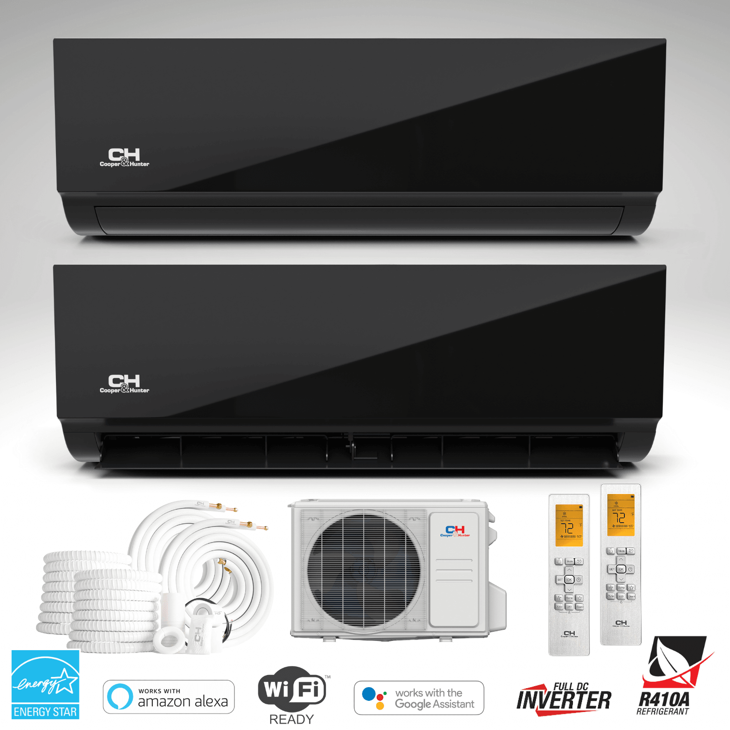 Cooper&Hunter Olivia Midnight 2-Zone Ductless Mini Split AC & Heat Pump 18000 BTU (6K+9K), Wall Mount Units, 230V - R410A