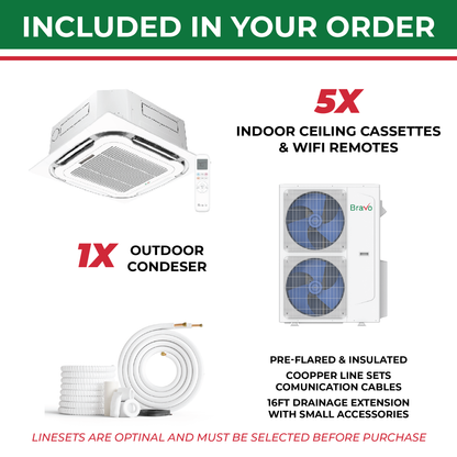Bravo 5-Zone Ductless Mini Split AC & Heat Pump 42000 BTU (9K+9K+9K+9K+9K), Ceiling Cassettes Units, 230V