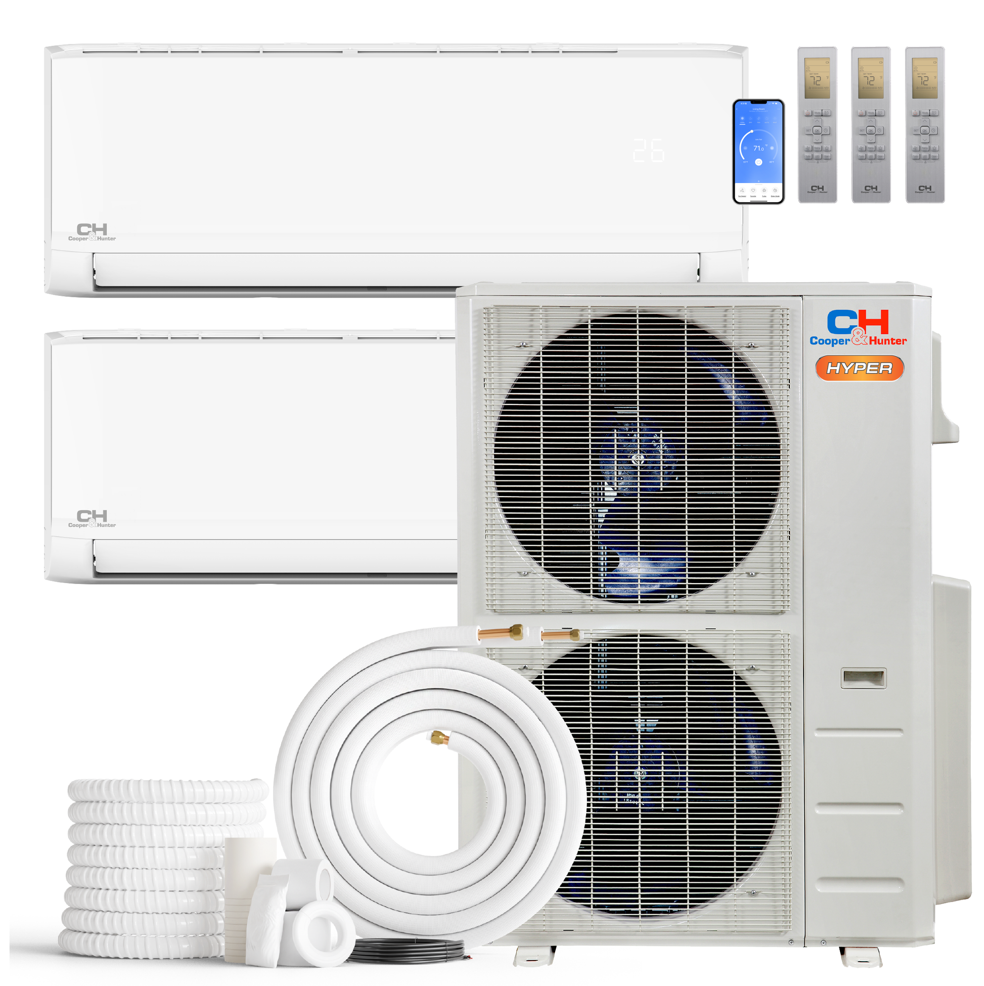 Cooper&Hunter Hyper Olivia 2-Zone Ductless Mini Split AC & Heat Pump 48000 BTU (6K+18K), Wall Mount Units, 230V
