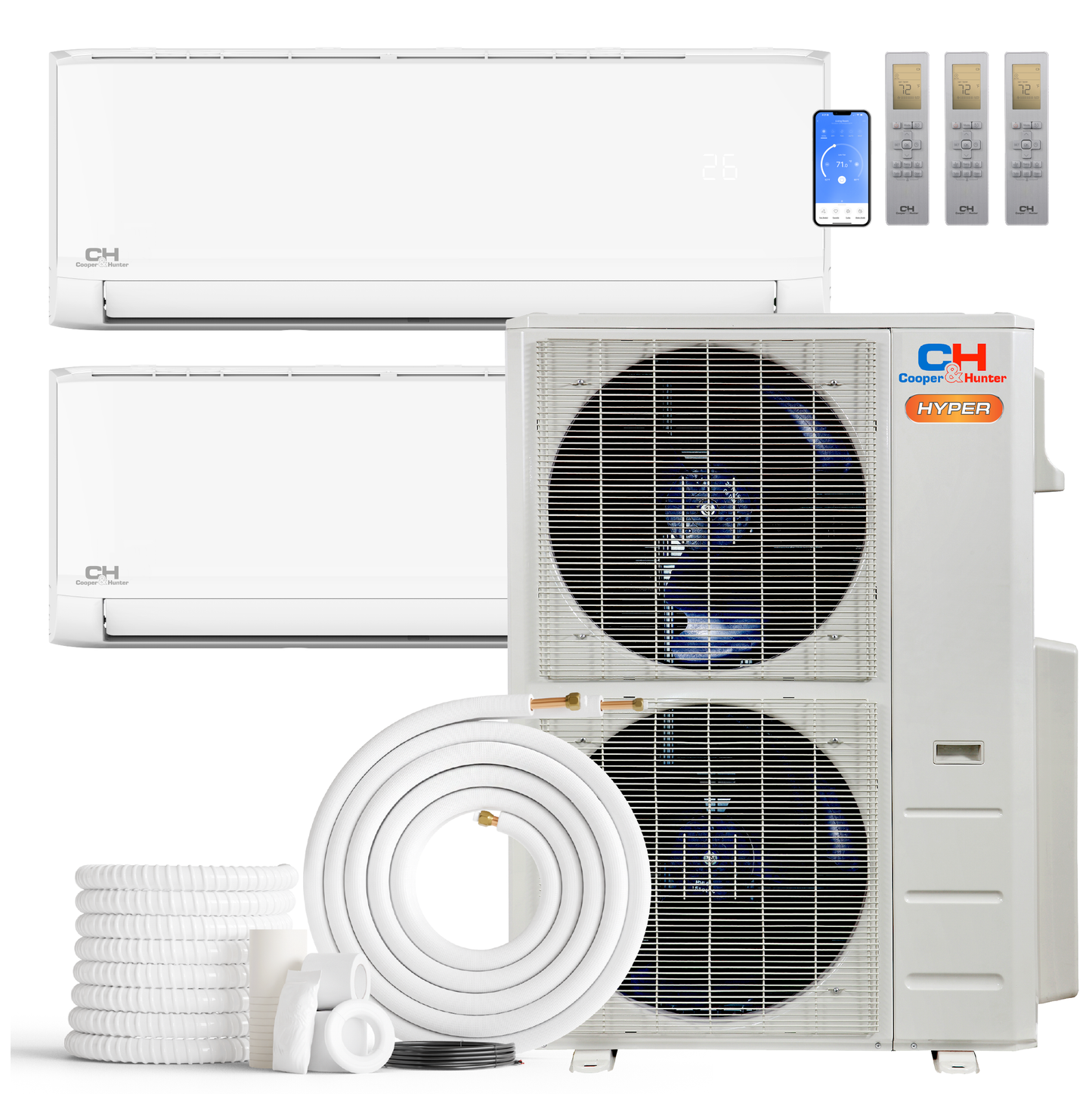 Cooper&Hunter Hyper Olivia 2-Zone Ductless Mini Split AC & Heat Pump 48000 BTU (24K+30K), Wall Mount Units, 230V