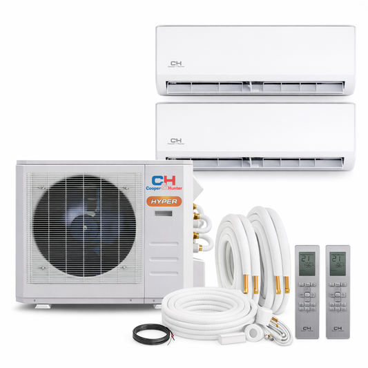 Cooper&Hunter Hyper Olivia 2-Zone Ductless Mini Split AC & Heat Pump 19000 BTU (9K+12K), Wall Mount Units, 230V - R410A